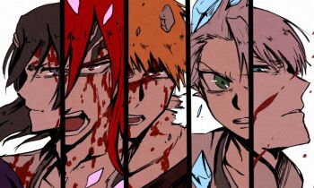 1046sstep_btoh 5boys abarai_renji bleach blood blood_on_face blue_eyes clenched_teeth column_lineup commentary_request forehead_tattoo green_eyes hitsugaya_toushirou ice ichimaru_gin kuchiki_byakuya kurosaki_ichigo male_focus multiple_boys open_mouth orange_hair red_eyes red_hair serious tattoo teeth white_hair