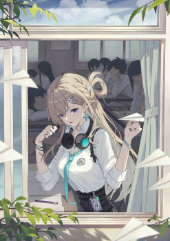 1girl aqua_necktie black_skirt blonde_hair breasts calder_(pixiv3698273) classroom commentary_request earrings from_outside from_side hair_ornament hands_up headphones headphones_around_neck highres holding holding_paper_airplane id_card jewelry long_hair looking_at_viewer looking_to_the_side lynae_(wuthering_waves) medium_breasts necktie open_mouth paper_airplane people purple_eyes shirt shirt_tucked_in sitting skirt skull_hair_ornament solo_focus star_(symbol) star_earrings turning_head white_shirt wuthering_waves