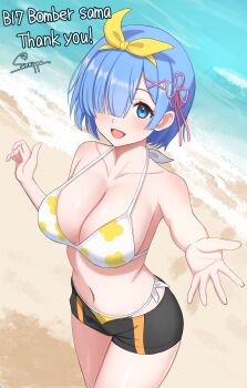 1girl absurdres bad_source beach bikini blue_eyes blue_hair breasts commissioner_name english_text floral_print floral_print_bikini from_above hair_ornament hair_ribbon highres large_breasts looking_at_viewer official_alternate_costume outstretched_hand pink_ribbon print_bikini re:zero_kara_hajimeru_isekai_seikatsu rem_(re:zero) ribbon sand shorts side-tie_bikini_bottom signature smile solo surippa1010 swimsuit water white_bikini x_hair_ornament yellow_ribbon