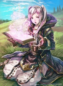 1girl belt bisaiiiii black_robe blue_sky book boots cloud commentary_request day female_robin_(fire_emblem) fire_emblem fire_emblem_awakening fire_emblem_cipher gloves hood hooded_robe knee_boots long_hair long_sleeves looking_at_viewer magic nintendo official_art open_clothes open_mouth open_robe outdoors pants robe sitting sky sleeves_past_wrists solo tongue twintails white_hair white_pants wizard