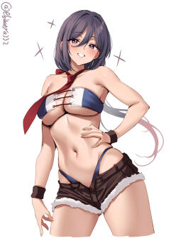 1girl ariake_(kancolle) ariake_(swimsuit)_(kancolle) artist_name bikini blue_bikini blush breasts brown_shorts collarbone commentary_request cropped_legs cutoffs double-parted_bangs ebifurya floating_hair grin hair_between_eyes hand_on_own_hip highleg highleg_bikini highres kantai_collection large_breasts long_hair looking_at_viewer low_ponytail multicolored_hair navel necktie one-hour_drawing_challenge open_fly ponytail purple_eyes purple_hair red_necktie short_shorts shorts sidelocks simple_background smile solo swimsuit thighs twitter_username underboob very_long_hair white_background