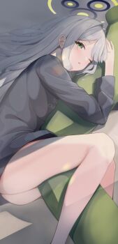1girl absurdres black_halo black_shirt blue_archive blush green_eyes grey_hair halo hare_(blue_archive) highres indoors jing_(947728534) long_hair looking_at_viewer lying open_mouth shirt sidelocks simple_background solo yellow_halo