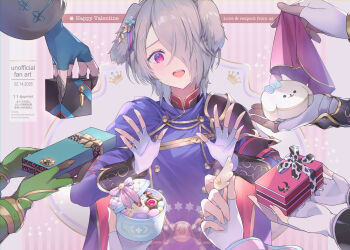 Rule 34 | 11-chan, 1girl, alberta (fire emblem), animal ears, bilingual commentary, box, carina (fire emblem), commentary, commentary request, dog ears, dog girl, english commentary, fingerless gloves, fire emblem, fire emblem shadows, gift, gift box, giving, gloves, gotthold (fire emblem), hair over one eye, happy valentine, holding, holding box, kurt (fire emblem), mixed-language commentary, nintendo, open mouth, rose (fire emblem), solo focus, surrounded by hands, teeth, upper teeth only, zasha (fire emblem)