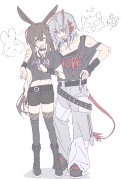 2girls alternate_costume amiya_(arknights) animal_ears antenna_hair arknights belt black_arm_warmers black_boots black_thighhighs boots brown_hair closed_eyes clothing_cutout collar crossed_bangs demon_tail denim grey_hair grey_shirt hair_between_eyes hamha_s horns jeans long_hair medium_hair midriff_peek multiple_girls open_mouth pants patchwork_clothes punk rabbit_ears red_hair red_horns shirt shoulder_cutout sidelocks sleeveless sleeveless_shirt smile standing t-shirt tail thighhighs very_long_hair w_(arknights)