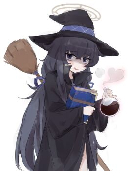 1girl alternate_costume bags_under_eyes black_hair blue_archive blue_eyes book broom crossed_bangs hair_between_eyes halo hat heart highres kyarupunch long_hair potion robe ui_(blue_archive) witch witch_hat