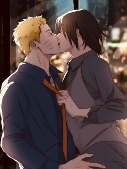 2boys absurdres black_hair black_pants black_shirt blonde_hair blue_shirt boruto:_naruto_next_generations closed_eyes clothes_grab collared_shirt commentary_request facial_mark french_kiss grey_vest hand_on_another's_thigh highres kiss long_sleeves looking_at_another male_focus medium_hair mi73suki multiple_boys naruto_(series) necktie necktie_grab neckwear_grab open_clothes open_shirt pants profile rain red_necktie shirt short_hair short_sideburns sleeve_cuffs uchiha_sasuke uzumaki_naruto vest whisker_markings window wing_collar yaoi