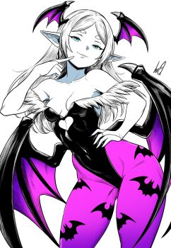 1girl absurdres animal_print bare_shoulders bat_print black_leotard breasts bridal_gauntlets cleavage cosplay cowboy_shot darkstalkers demon_girl demon_wings elf eyelashes finger_to_face frieren green_eyes head_wings highres leotard long_hair low_wings lughost morrigan_aensland morrigan_aensland_(cosplay) multiple_wings pantyhose partially_colored pointy_ears print_pantyhose purple_pantyhose simple_background small_breasts solo sousou_no_frieren white_background wings