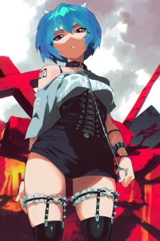1girl aetherion arm_at_side arm_behind_back ayanami_rei black_collar black_corset black_shorts black_thighhighs blue_hair blue_nails bracelet breasts closed_mouth cloud cloudy_sky collar collar_chain_(jewelry) collarbone commentary contrapposto corset cross day debris dot_nose english_commentary fishnet_armwear frilled_straps frown goth_fashion grey_shirt hair_between_eyes heart heart_o-ring high-waist_shorts highres horns jewelry looking_at_viewer medium_breasts nail_polish neon_genesis_evangelion o-ring off-shoulder_shirt off_shoulder outdoors overcast print_shirt red_eyes shirt short_hair short_shorts short_sleeves shorts shoulder_tattoo single_bare_shoulder sky solo spiked_bracelet spiked_garters spikes straight_hair tattoo thigh_strap thighhighs white_horns