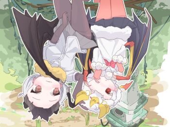 2girls :&lt; animal_ears bat_ears bat_girl bat_wings black_gloves black_hair black_pantyhose black_skirt blonde_hair blush brown_eyes commentary_request daito_fruit_bat_(kemono_friends) elbow_gloves fur_collar fur_trim gloves grey_skirt hair_between_eyes honduran_white_bat_(kemono_friends) kemono_friends long_sleeves multicolored_hair multiple_girls one_eye_closed pantyhose pleated_skirt red_eyes red_gloves red_pantyhose rubbing_eyes sarutori shirt short_hair short_sleeves sidelocks skirt t-shirt two-tone_hair upside-down white_fur white_hair white_shirt wings yellow_fur