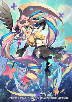 1girl black_boots black_skirt black_sleeves black_thighhighs blonde_hair blue_hair boots copyright_notice detached_sleeves drill_hair eldora_(wixoss) hair_over_one_eye holding holding_wand long_hair looking_at_viewer multicolored_hair official_art pink_hair skirt smile solo streaked_hair takanori_yamada thighhighs twin_drills very_long_hair wand wixoss yellow_eyes