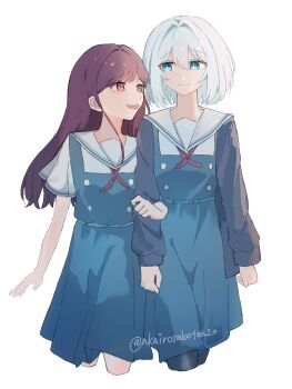 2girls akairosaboten20 asaka_kaori blue_dress blue_eyes brown_hair commentary dress highres hoshikawa_shizuku kimi_to_tsuzuru_utakata locked_arms long_hair multiple_girls neck_ribbon open_mouth pinafore_dress red_eyes red_ribbon ribbon sailor_collar short_hair simple_background sleeveless sleeveless_dress teeth twitter_username upper_teeth_only white_background white_hair white_sailor_collar