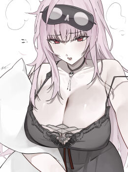 1girl absurdres bare_shoulders black_camisole black_choker black_mask blush breasts camisole choker cleavage collarbone commentary earrings english_commentary ewn highres hololive hololive_english huge_breasts hugging_object jewelry long_hair looking_at_viewer mask mask_on_head mori_calliope mori_calliope_(sleepwear) open_mouth panties pillow pillow_hug pink_eyes pink_hair see-through_camisole see-through_clothes simple_background skull_choker skull_earrings sleep_mask solo strap_slip underwear virtual_youtuber white_background white_panties