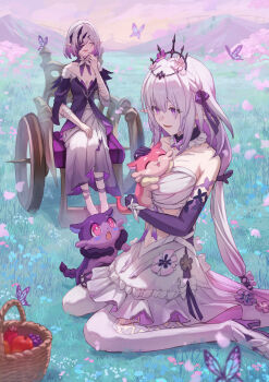 2girls :d absurdres bandages basket bow breasts bug butterfly castorice_(honkai:_star_rail) chest_sarashi chimera_(honkai:_star_rail) cleavage commentary_request creature cuddling detached_collar dress floral_print food fruit grass highres holding holding_creature honkai:_star_rail honkai_(series) insect isome long_hair medium_breasts medium_hair multiple_girls on_grass on_ground open_mouth picnic_basket pointy_ears polyxia_(honkai:_star_rail) purple_eyes purple_hair sarashi siblings sisters sitting smile strapless tiara twins very_long_hair wariza wheelchair