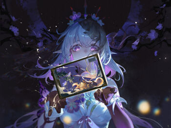 1girl absurdres asymmetrical_gloves black_background black_tiara breasts butterfly_ornament castorice_(honkai:_star_rail) chinese_text commentary_request dress elbow_gloves flower furioso gloves hair_flower hair_ornament highres honkai:_star_rail honkai_(series) long_hair medium_breasts painting_(object) pointy_ears purple_eyes purple_gloves purple_hair solo tiara uneven_gloves upper_body white_dress