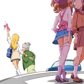 Rule 34 | 4girls, akechi anna, arm up, arms behind back, bag, beret, blazer, blonde hair, blue skirt, boots, brown shoes, buttons, car, carrying, casual, cellphone, closed mouth, clothes around waist, commentary, double-breasted, double bun, dress shirt, glasses, green haori, green kimono, grey hair, gyaru, hair bun, haori, hat, heel up, high collar, holding, holding phone, jacket, japanese clothes, kimono, kobayashi mikuru, kogane (staygold), loafers, long hair, long sleeves, looking at another, looking back, low twintails, medium hair, meitantei precure!, miniskirt, motor vehicle, multiple girls, neck ribbon, no eyes, own hands together, phone, pink hair, pink shirt, pleated skirt, precure, purple boots, purple hair, purple hat, purple ribbon, red jacket, red skirt, ribbon, road, school bag, school uniform, scrunchie, shirt, shoes, short hair, single hair bun, skirt, sky, sleeves rolled up, smile, socks, standing, thighhighs, twintails, white shirt, white sky, white socks, white thighhighs, wrist scrunchie