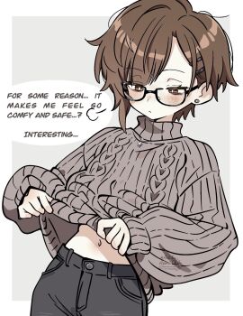 1girl artist_name asami-chan asymmetrical_bangs bags_under_eyes black_pants bright_pupils brown_eyes brown_hair brown_sweater closed_mouth clothes_lift commentary earrings english_commentary freckles glasses hair_ornament hairclip half-closed_eyes highres hozuki_asami_(asami-chan) jewelry long_sleeves looking_down navel original pants pendant puff_of_air puffy_long_sleeves puffy_sleeves short_hair solo speech_bubble stud_earrings sweater sweater_lift turtleneck turtleneck_sweater watermark white_pupils