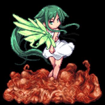 Rule 34 | 1girl, arms behind back, black ribbon, closed mouth, commentary request, dithering, dress, flesh, floating clothes, floating hair, from behind, full body, green eyes, green hair, green wings, hair flaps, hand on own arm, long hair, long sidelocks, looking at viewer, looking back, lowres, niino, partial commentary, pixel art, ribbon, saya (saya no uta), saya no uta, sidelocks, sleeveless, sleeveless dress, solo, standing, sundress, transparent background, very long hair, white dress, wings