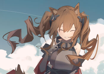 1girl absurdres alternate_breast_size_(larger) angelina_(arknights) animal_ears arknights arknights:_endfield bare_shoulders black_gloves black_outline blue_sky breasts brown_hair chichi_guai chinese_commentary closed_eyes cloud coat commentary_request contrail day double-parted_bangs dress elbow_gloves facing_viewer floating_hair fox_ears fox_girl fox_tail gilberta_(arknights) gloves grey_dress grin hair_between_eyes headpiece high_collar highres large_breasts light_blush long_hair off_shoulder outdoors outline pointing pointing_at_self red_coat sky smile solo tail twintails upper_body