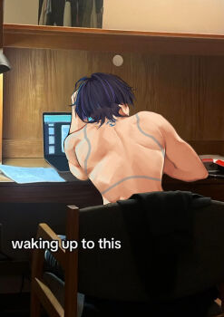 1boy absurdres arm_rest back back_muscles bare_shoulders birthmark black_coat black_hair black_pants blunt_ends body_markings chair coat computer desk_lamp elbow_rest english_text facing_away from_behind genshin_impact hand_up highres ichomint lamp laptop male_focus median_furrow meme mitsudomoe_(shape) movie_poster_(object) multicolored_hair pants papers photo-referenced purple_hair scaramouche_(genshin_impact) shoulder_blades sitting solo streaked_hair tomoe_(symbol) toned toned_male topless_male unworn_coat video_call waking_up_to_this_(meme) wanderer_(genshin_impact)