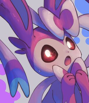 :o animal_focus bow bright_pupils commentary_request fang gen_6_pokemon grey_background heart heart_in_eye highres looking_at_viewer nintendo no_humans open_mouth own_hands_clasped own_hands_together pink_eyes pink_fur pokemon pokemon_(creature) pokemon_focus ribbon sato_(i_cant_do_it) simple_background solo sweatdrop sylveon symbol_in_eye two-tone_fur upper_body white_fur white_pupils