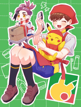 Rule 34 | 2boys, :o, alternate costume, apron, black socks, blush, box, brown hair, brown shoes, cardboard box, chibi, commentary request, florian (pokemon), flying sweatdrops, gen 1 pokemon, green background, highres, holding, holding pokemon, jacket, kieran (pokemon), lightning bolt symbol, long sleeves, male focus, mochi (mocchi p 2m), multiple boys, nintendo, outline, pikachu, pokemon, pokemon (creature), pokemon sv, purple hair, red apron, shirt, shoes, short hair, short sleeves, shorts, socks, yellow eyes