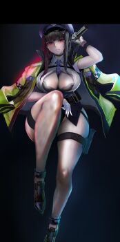 1girl black_bra black_hair blunt_bangs bra breasts cleavage d_(killer_wife)_(nikke) d_(killer_wife)_(secret_police)_(nikke) d_(nikke) dongtan_dress dress goddess_of_victory:_nikke grey_dress hair_ornament hashtag-only_commentary highres holding jewelry kyel_hyde large_breasts long_hair looking_at_viewer necklace official_alternate_costume red_eyes smile solo underwear