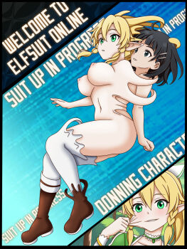 1girl ankle_boots bangle black_hair blonde_hair blunt_bangs boots bracelet braid braided_twintails breasts brown_boots choker clothes_pull commentary double-parted_bangs english_commentary english_text eyelashes frilled_choker frills green_choker green_eyes hair_between_eyes hair_ornament hairclip highres jewelry kirigaya_suguha large_breasts leafa_(sao) living_skin long_sleeves nipples nude pants parted_lips pointy_ears sidelocks skinsuit smile solo sword_art_online twin_braids vanron white_pants