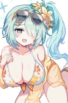 1girl aqua_hair bare_shoulders bikini blue_archive blush breasts cleavage collarbone commentary eyewear_on_head floral_print floral_print_bikini flower hair_flower hair_ornament hair_over_one_eye halo hiyori_(blue_archive) hiyori_(swimsuit)_(blue_archive) large_breasts long_hair looking_at_viewer official_alternate_costume open_mouth pixel_art print_bikini side_ponytail simple_background smile solo sunglasses swimsuit tinia_etru white_background yellow-framed_eyewear