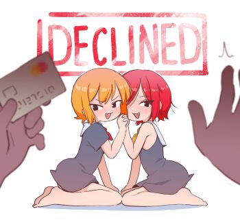 1other 2girls :3 :d ^^^ bare_legs bare_shoulders barefoot blonde_hair child commentary credit_card dress english_commentary english_text eyes_visible_through_hair fang from_side grey_dress highres holding_hands interlocked_fingers kneeling light_blush looking_at_viewer looking_to_the_side mastercard multiple_girls neckerchief open_mouth orenjipiiru original parted_bangs personification pov pov_hands red_hair red_neckerchief sailor_collar seiza short_hair short_sleeves siblings simple_background sitting sleeveless sleeveless_dress smile twins v-shaped_eyebrows white_background white_sailor_collar yellow_neckerchief