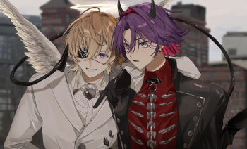 Rule 34 | 2boys, angel and devil, angel wings, arm on another's shoulder, black gloves, black jacket, blonde hair, blurry, blurry background, collared shirt, colored inner hair, demon horns, demon tail, demon wings, eyepatch, fura kanato, gloves, grin, hair between eyes, hair intakes, highres, horns, jacket, lapels, male focus, matsuhago, multicolored hair, multiple boys, nijisanji, official alternate costume, pink hair, purple hair, red shirt, shirt, short hair, smile, streaked hair, tail, two-tone hair, upper body, virtual youtuber, watarai hibari, white jacket, wings