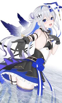 1girl :d absurdres amane_kanata amane_kanata_(another_world) arm_strap black_bra black_collar black_gloves black_skirt blue_eyes blue_hair blue_halo blue_skirt blue_thighhighs blue_wings bra chest_harness collar colored_inner_hair commentary_request crossed_bangs double-parted_bangs gloves gold_trim gradient_hair gradient_wings grey_hair grey_wings hair_bun halo harness high-waist_skirt highres hololive lace lace-trimmed_bra lace_trim layered_skirt long_hair looking_at_viewer miniskirt multicolored_hair multicolored_wings o-ring o-ring_harness official_alternate_costume official_alternate_hairstyle open_mouth outstretched_arm overskirt purple_hair reaching reaching_towards_viewer shoulder_tattoo side_up_bun simple_background single_hair_intake single_thighhigh skirt smile solo star_halo strapless strapless_bra streaked_hair tattoo teeth thighhighs tojo_aoi underwear upper_teeth_only virtual_youtuber wading water white_background wings