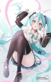 1girl ahoge aqua_eyes aqua_hair aqua_nails aqua_necktie aqua_trim arm_up black_skirt boots breasts collarbone collared_shirt detached_sleeves hair_between_eyes hair_ornament hatsune_miku highres kakapo_green long_hair long_sleeves looking_at_viewer medium_breasts miniskirt necktie open_mouth pleated_skirt shirt skirt solo thigh_boots twintails very_long_hair vocaloid white_shirt wide_sleeves