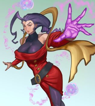 ahoge artist_name bare_shoulders belt_buckle blue_background breasts buckle capcom dress glowing glowing_hand gold_buttons highres hqas huge_ahoge large_belt large_breasts orbs_of_light purple_energy purple_eyes purple_hair purple_stockings red_dress rose_(street_fighter) scarf shadow_over_face street_fighter street_fighter_zero_(series)