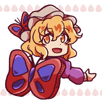 Rule 34 | :d, animal bag, backpack, bag, blonde hair, blush stickers, bug, butterfly, butterfly hat ornament, dress, hair between eyes, hat, hat ornament, insect, long sleeves, looking back, maribel hearn, mob cap, open mouth, puffy long sleeves, puffy sleeves, purple dress, sanwa no jako (daikichi club), short hair, sleeve cuffs, smile, touhou, white hat, yellow eyes