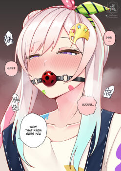 1girl airani_iofifteen airani_iofifteen_(1st_costume) artist_logo ball_gag ball_gag_progress_bar_(meme) blue_overalls blush collarbone english_text gag gradient_hair green_ribbon hair_bun hair_ribbon hololive hololive_indonesia landacdeus logo long_hair meme multicolored_hair multicolored_ribbon overalls paid_reward_available paint_splatter paint_splatter_on_face palette_hair_ornament pink_hair pink_ribbon polka_dot polka_dot_ribbon purple_eyes ribbon solo speech_bubble striped_ribbon upper_body virtual_youtuber