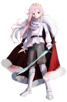 1boy absurdres androgynous animification armored_boots artist_request ascot bishounen blood blood_on_clothes blood_on_face bloody_weapon boots brooch brown_pants cape chinese_commentary commentary_request commission crown dream_smp earrings full_body fur-trimmed_cape fur_trim gold_crown hair_between_eyes highres holding holding_sword holding_weapon humanization jeweled_crown jewelry long_hair long_sleeves looking_at_viewer male_focus minecraft_sword minecraft_youtube pants pink_hair pointed_crown pointy_ears red_cape red_eyes second-party_source shirt simple_background single_earring solo standing sword tachi-e technoblade trap variant_set very_long_hair weapon white_ascot white_background white_shirt