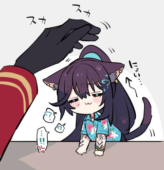 1boy 1other :3 animal_ears arm_tattoo black_hair blue_shirt bracelet cat_boy cat_ears cat_tail closed_eyes closed_mouth collared_shirt commentary_request dante_(limbus_company) floral_print hawaiian_shirt high_ponytail highres hong_lu_(project_moon) jewelry limbus_company long_hair ponytail pov pov_hands project_moon shiki_(shikki46) shirt tail tattoo tingtang_gang_(identity)_(project_moon) very_long_hair