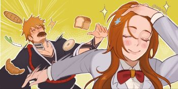 1boy 1girl adjusting_hair afterimage baguette black_kimono bleach blush bow bowtie bread closed_eyes closed_mouth collared_shirt commentary croissant english_commentary food food_in_mouth grey_jacket hair_ornament hair_slicked_back hand_in_own_hair hand_on_own_head highres inoue_orihime jacket japanese_clothes jujutsu_kaisen karakura_high_school_uniform kimono kurosaki_ichigo long_hair long_sleeves luvlyroseve meme naoya_hitting_choso_without_looking_(meme) orange_hair parody red_bow red_bowtie scene_reference school_uniform shinigami shirt short_hair smile sparkle spiked_hair spring_onion twitter_username upper_body white_shirt yellow_background