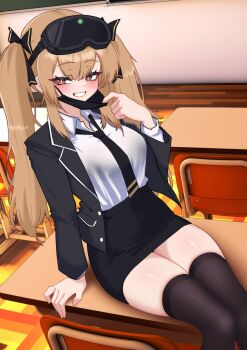 1girl absurdres black_jacket black_mask black_necktie black_skirt black_thighhighs blush breasts breath bright_pupils brown_hair commentary_request desk girls'_frontline girls'_frontline_2:_exilium goggles goggles_on_head grin heart highres indoors jacket korean_commentary large_breasts lenna_(girls'_frontline_2) long_hair looking_at_viewer loose_necktie mask mask_pull miniskirt mouth_mask necktie oldsickkim on_desk open_clothes open_jacket pencil_skirt school_uniform shirt shirt_tucked_in sitting skirt smile solo thighhighs thighs twintails ump9_(girls'_frontline) very_long_hair white_pupils white_shirt zettai_ryouiki