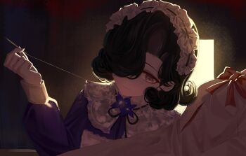 Rule 34 | 1girl, absurdres, backlighting, black hair, black ribbon, dark background, doll, dress, flower, hair over one eye, hand up, highres, holding, holding needle, holding sewing needle, looking at viewer, maid, neck flower, neck ribbon, needle, one eye covered, purple dress, purple eyes, purple flower, reverse:1999, ribbon, saibo pisa mao xiansheng!!, sewing, sewing needle, short hair, smile, solo, thread, tuesday (reverse:1999), upper body