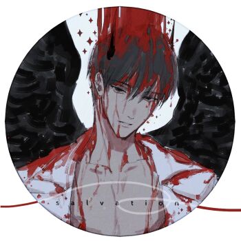 1boy ambiguous_red_liquid black_eyes black_hair black_wings bleeding blood coat demon_horns feathered_wings hair_between_eyes head_tilt horns kim_dokja looking_at_viewer male_focus no_shirt omniscient_reader&#039;s_viewpoint open_clothes open_coat parted_lips pectorals portrait short_hair solo stain toupou39 white_coat wings