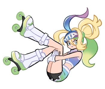 1girl :&gt; bare_shoulders bike_shorts blonde_hair blue_eyes commentary crop_top english_commentary fingerless_gloves full_body gloves gradient_hair green_hair hairband highres hugging_own_legs korrina_(pokemon) long_hair looking_at_viewer multicolored_hair nintendo pokemon pokemon_legends:_z-a pokemon_xy ponytail purple_hairband purple_shirt ram_(r3shir4m) roller_skates shirt shoes simple_background skates sleeveless solo white_background white_gloves white_shoes