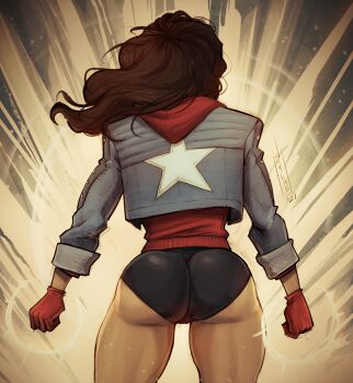 1girl 2021 absurdres america_chavez ass back black_shorts blue_jacket brown_hair clenched_hand dark-skinned_female dark_skin devil_hs devilhs female_focus fingerless_gloves from_behind gloves highres huge_ass jacket latina light long_hair long_sleeves marvel red_fingerless_gloves red_gloves shorts solo solo_focus star_(symbol) star_print thick_thighs thighs tight_clothes wide_hips