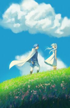 Rule 34 | 1boy, 1girl, absurdres, black boots, blue hair, blue jacket, blue sky, boots, breasts, cloak, commentary, dress, earrings, english commentary, frieren, grey hair, highres, himmel (sousou no frieren), jacket, jewelry, long hair, looking at another, meadow, medium breasts, milgtea, open mouth, outdoors, pants, pointy ears, short hair, sky, sleeveless, sleeveless dress, smile, sousou no frieren, sundress, white cloak, white dress, white pants