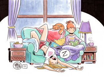 Rule 34 | alt text, artist name, barbara gordon, batman symbol, blanket, blonde hair, book, cat, closed eyes, commentary, couch, cup, curtains, dated, dc comics, english commentary, highres, indoors, kara danvers, lamp, long hair, mikemaihack, mug, navel, no mouth, open mouth, orange cat, orange hair, pillow, rain, reading, red shorts, shirt, shorts, sitting, sleeping, speech bubble, streaky the supercat, superman logo, white shirt, window