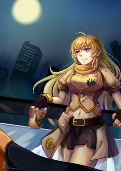 1girl against_railing ahoge belt black_belt black_gloves black_jacket black_shorts blonde_hair blue_sky breasts can cityscape closed_mouth commentary cowboy_shot cropped_jacket curvy dated dated_commentary emblem fingerless_gloves full_moon gloves holding holding_can jacket large_breasts light_smile long_hair messy_hair midriff moon motor_vehicle motorcycle navel night outdoors partially_open_jacket purple_eyes railing rwby short_shorts short_sleeves shorts signature sitting sky solo standing star_(sky) starry_sky strapless thick_thighs thighs tube_top underbust watermark wide_hips xuanniao yang_xiao_long yellow_tube_top