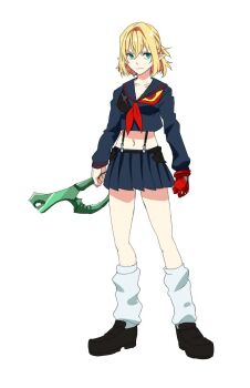 >:( 1girl black_serafuku black_shoes blonde_hair breasts closed_mouth collarbone cosplay crossover female_focus frown full_body gloves green_eyes highres hinomoto_madoka kill_la_kill leg_warmers loafers long_sleeves loose_socks matoi_ryuuko matoi_ryuuko_(cosplay) miniskirt mizuhashi_parsee navel pleated_skirt pointy_ears red_glove school_uniform scissor_blade_(kill_la_kill) senketsu serafuku shoes short_hair simple_background single_glove skirt small_breasts socks solo standing suspender_skirt suspenders touhou v-shaped_eyebrows white_background white_legwear