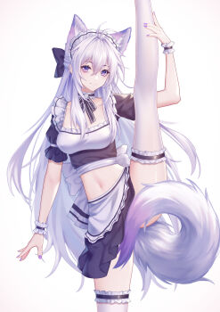 1girl absurdres animal_ears antenna_hair apron arm_up black_bow black_nails black_skirt bow breasts choker commentary_request cowboy_shot crop_top frilled_choker frilled_thigh_strap frills hair_between_eyes hair_bow hair_intakes highres leg_up long_hair looking_at_viewer luo_shun_yao maid maid_headdress medium_breasts meng_xi_xuan midriff nail_polish navel original puffy_short_sleeves puffy_sleeves purple_eyes revision short_sleeves sidelocks skirt smile solo split standing standing_on_one_leg standing_split stomach tail tail_censor thigh_strap thighhighs thighs very_long_hair waist_apron white_apron white_background white_hair wolf_ears wolf_tail wrist_cuffs