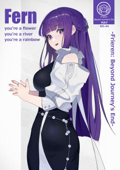 1girl absurdres alternate_costume black_dress blunt_bangs breasts chinese_commentary clothing_cutout commentary_request dress english_text fern_(sousou_no_frieren) half_updo highres large_breasts long_hair looking_at_viewer open_mouth own_hands_together purple_eyes purple_hair shoulder_cutout smile solo sousou_no_frieren xiangcha_shisui