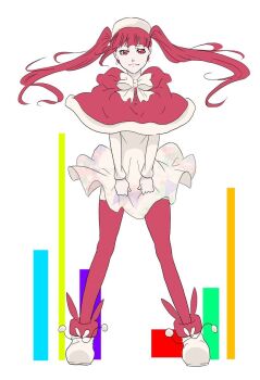 1girl azureturtle1 bleach boots bow capelet commentary dokugamine_riruka dress full_body fur-trimmed_capelet fur_trim hat highres long_hair red_capelet red_eyes red_hair red_thighhighs short_dress solo thighhighs third-party_source twintails white_boots white_bow white_dress white_hat